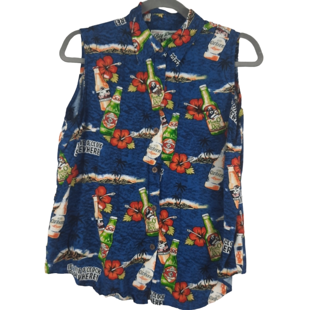 Big Dogs Blue Sleeveless Hawaiian Bottle Print Blouse